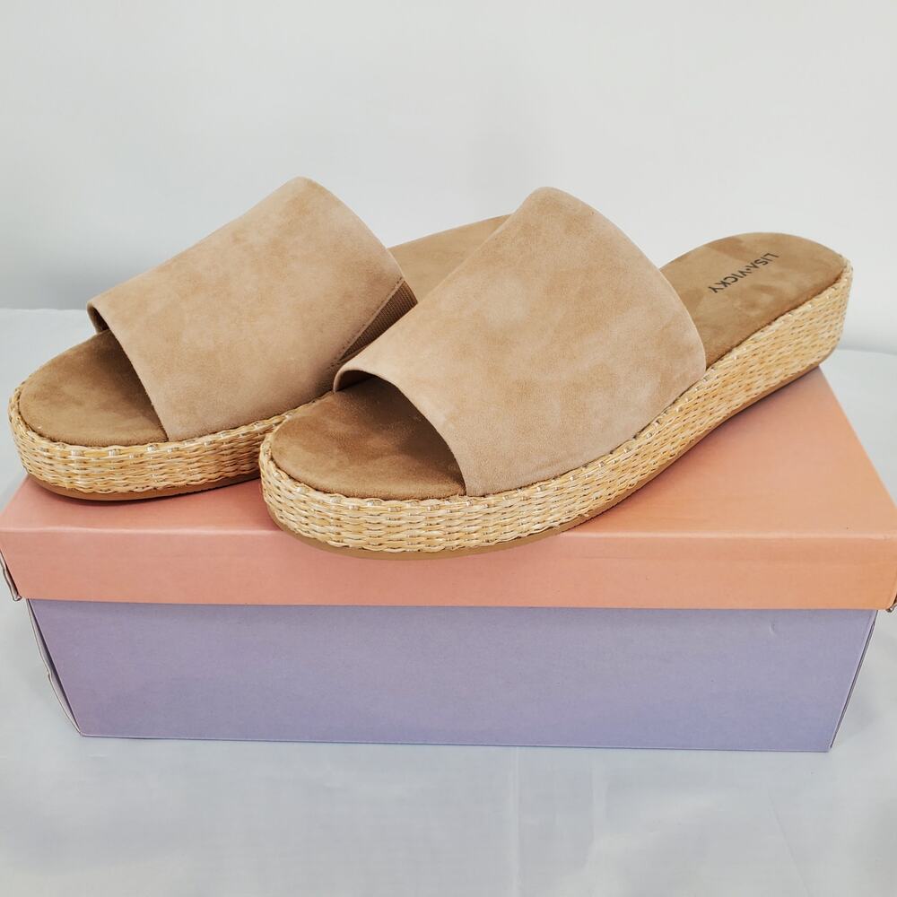 Lisa Vicky Womens 8M‎ Smile-V Suede Slip on Sandal Tan Camel Cusioned Open Toe
